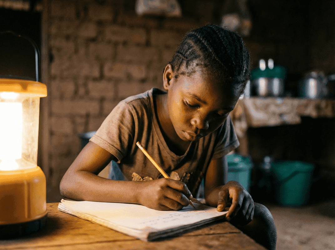 A child studying under a solar light